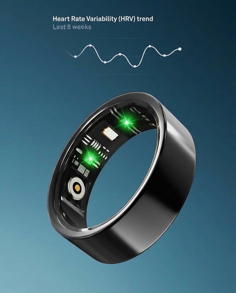 A high-contrast studio shot of a smart ring displaying internal sensors alongside an 8-week Heart Rate Variability trend line.